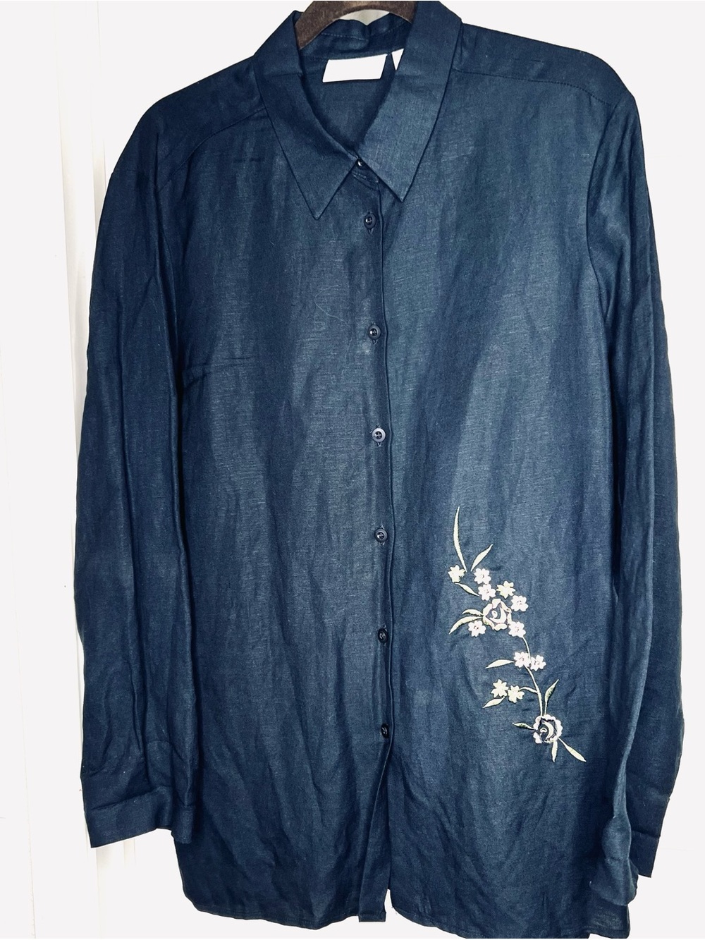 Worthington Sz 16 Dark Blue Button-Up Shirt Women’s Linen/Rayon  Embroidered